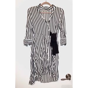 ZARA BLACK WHITE STRIPED BOW BELTED SHIRT DRESS
